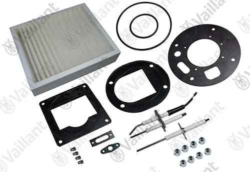 Vaillant Wartungsset mit einer Filtereinheit, Gummidichtungen, einer Spannvorrichtung, Sensoren und weiteren Komponenten für die Gerätereparatur oder -wartung.